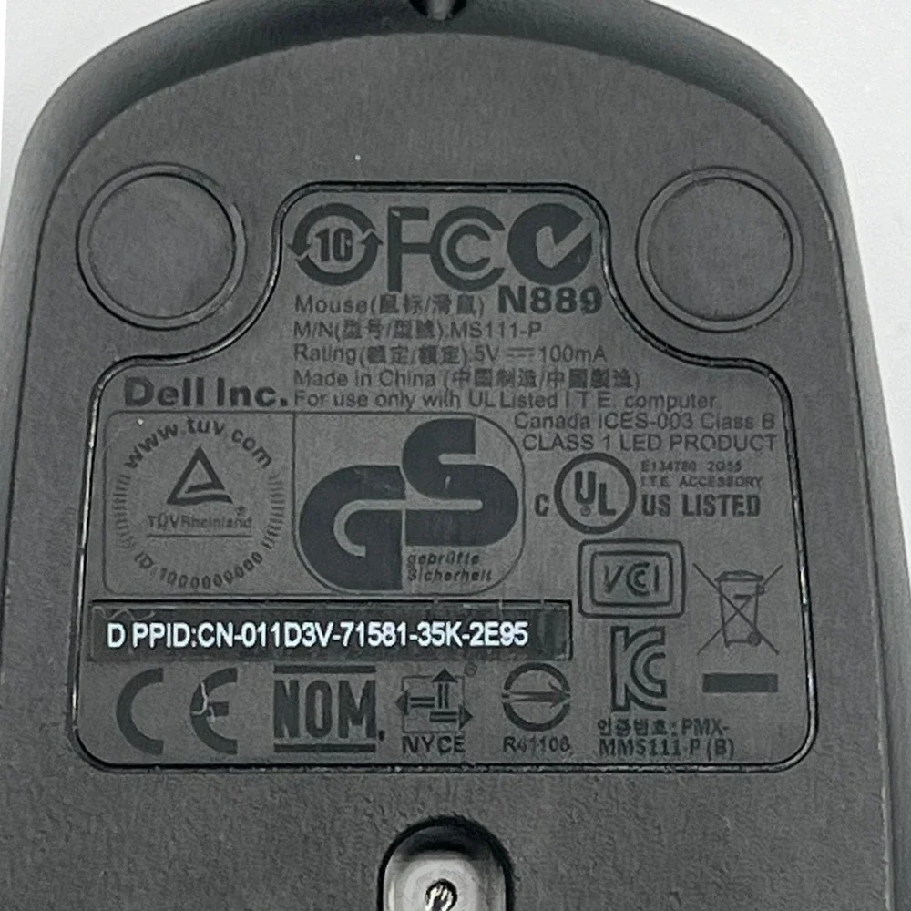 Dell MS111-P Optical USB Wired Mouse Unisex OS Black Very Good 3-Button Scroll